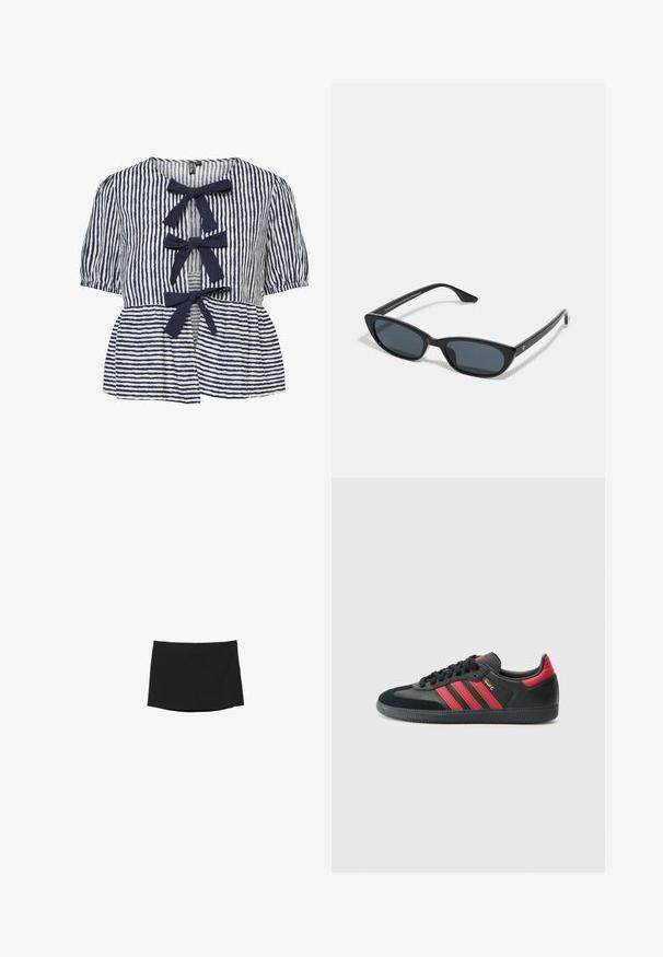 Mornarsko modra in bela črtasta bluzica s kratkimi napihnjenimi rokavi, z gumbi spredaj in tremi tekstilnimi pentljami ob odprtini. Mehka bombažna tekstura.; Črna mini krilo iz gladkega, raztegljivega blaga; ima ravno rez z diskretnim robom in brez vidnih zapiranj ali vzorcev.; Črne superge z rdečimi črtami, iz semiša in usnja, zaobljenih prstov, ravne vezalke, teksturiran gumijast podplat in zlate detajle.; Črne mačkaste sončne očala z temnimi lečami, plastičnim okvirjem, ozkimi stebli ter diskretnim logotipom na notranji strani ročaja. Mat zaključna tekstura.; Tkana košara iz slame sraslim oblikom, z črnim usnjenim dnom in ročaji. Teksturedne naravne vlaknine z gladkimi črnimi detajli.; Casiojeva kvartsna ura s pravokotno srebrno številčnico, z zlatimi poudarki in dvobarvnim kovinskim pasom v srebrni in zlatem. Ima vodoodporno funkcijo.