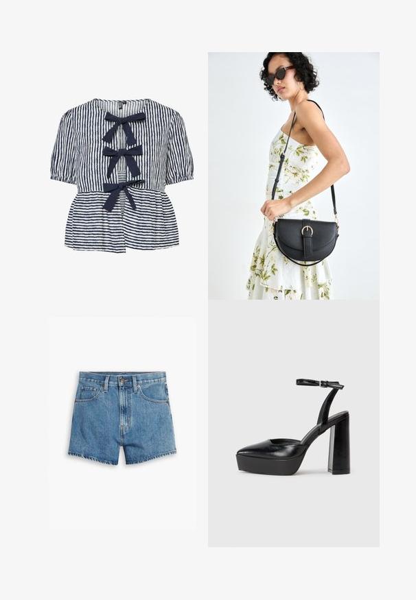 Jūras spēku un baltas svītras blūze ar īsām puff piedurknēm, pogu aizdari priekšā un trim auduma loku mežģīnēm gar atvērumu. Mīksta kokvilnas tekstūra.; Gaiši zili džinsu šorti, kas aprīkoti ar piecām kabatām, rāvējslēdzēja aizdari un pogu aizdari. Apakšmala ir saplēsta, un izskats ir brīvs.; Melnas platformas papēžs ar norādītu purngala formu un regulējamu potītes siksniņu. Izgatavotas no gludas ādas, ar masīvu bloku papēdi.; Melnas ādas rokassoma ar izliekta formu, noņemamu siksnu un zelta aksesuāriem. Somai ir vāciņš ar sprādzes detaļu.