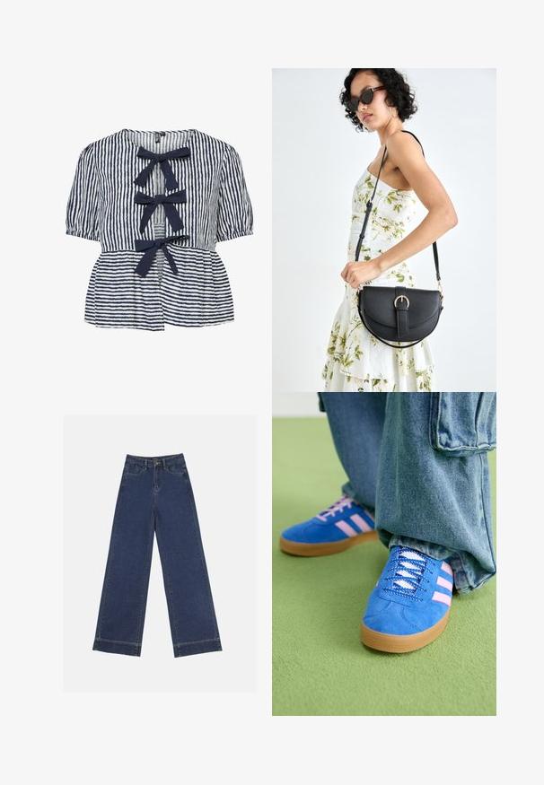 Bluză în dungi bleumarin și albă, cu mâneci scurte tip puff, deschidere cu nasturi și trei fundițe din material pe deschidere. Textură moale din bumbac.; Jeans evazați din denim albastru închis. Au cinci buzunare, bucle pentru curea și o margine brută la baza, cu detalii de coasere vizibile.; Pantofi din piele întoarsă albaștri cu dungi roz și șireturi albe, având o talpă din cauciuc gumat, asortați cu pantaloni din denim largi pe o suprafață verde.; Geantă din piele neagră, cu o formă curbată, curea detașabilă și accesorii aurii. Geanta are un capac cu un detaliu tip cataramă.