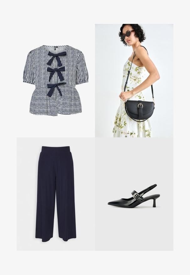 Tume kuni ja valged triibudega pluus lühikeste puhvpaidiga, nööbid ees ja avause ääres kolm kangast lipsu. Pehme puuvillane tekstuur.; Tumed põlvpüksid tumedast meresinisest kangast, millel on sooneline tekstuur. Omab sujuvat vööd ja voolavat siluetti, ulatudes pooleni säärest.; Mustad patenteeritud nahast sildiga kontsad, millel on terav nina ja väike plokk-konts, mille rihmal on hõbedane pandla aksessuaar.; Mustmust mustraha kõverate joontega, eemaldatava rihmaga ja kuldsete detailidega. Kotil on klapp, millel on pandladetail.