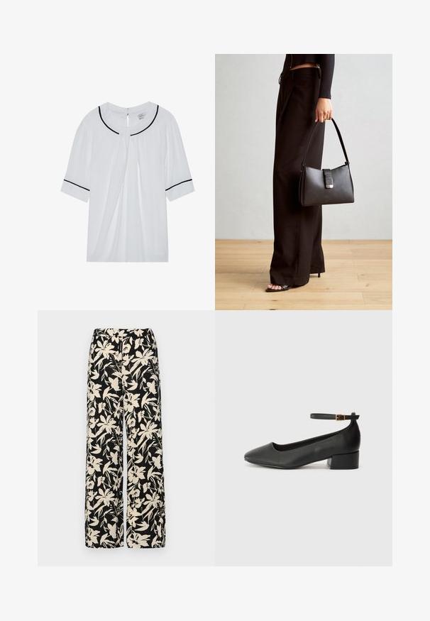 Bela kratka bluzica s kratkimi rokavi in okroglim izrezom, opremljena z črnimi robovi ob ovratniku in rokavih ter ključno luknjo zadaj.; Črn kratek rokav srajca iz gladkega materiala, z obliko pepluma in pasom s pasom ter dvema okroglega srebrno-toniranima gumboma.; Črne široke hlače z kremnim cvetličnim vzorcem. Narejene so iz lahkega blaga, ki ima gladko teksturo in visok pas.; Črne usnjene pumpice z nazobčanimi prsti in nizko blokasto peto. Imajo trak okoli gležnja z zaponko v zlatem tonu. Gladka tekstura.; Črna torbica z strukturirano obliko, gladko teksturo in kovinskim zaponko. Ujemajo se z širokimi črnimi hlačami in odprtimi sandali na lesenem tleh.