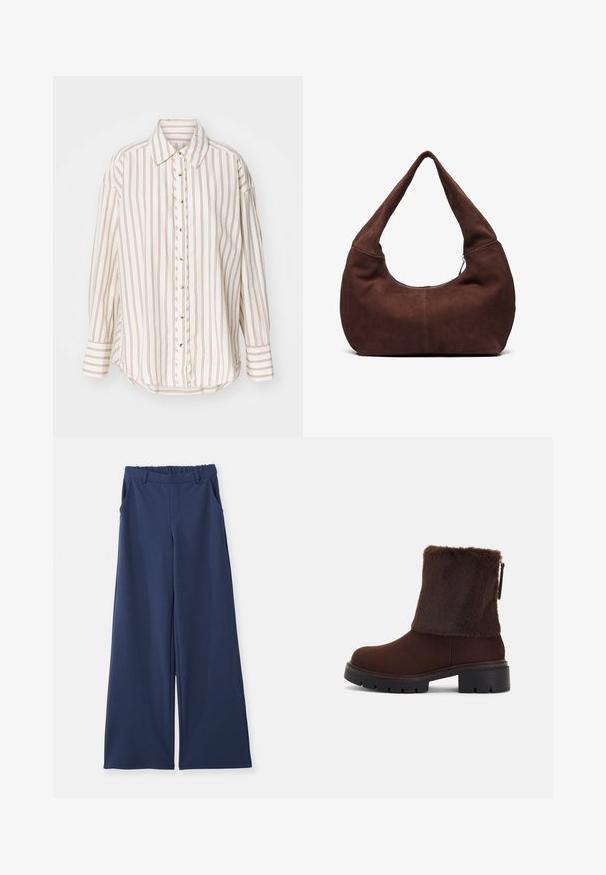 Striped skjorte i krem og lys brun, med knappestolpe foran, krage og lange ermer med en lett buet nederkant.; Marineblå vide bukser med elastisk talje, bæltestropper og sidelommer, præsenteret fladt på en hvid baggrund.; Brune ankelstøvel med en myk kunstpels-skaft, blokkhelt og teksturert gummisåle. Sidelukking med glidelås og sømdetaljer rundt bunnen.; Brun fløyelsveske med en buet, bred håndtak og en stor åpning. Mykt tekstur med synlig søm-detaljering langs kantene.