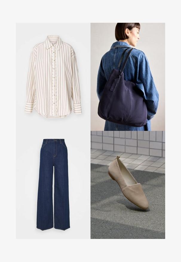 Pruhovaná košeľa v krémovej a svetlohnedej farbe, s gombíkmi vpredu, golierom a dlhými rukávmi s mierne zakriveným lemom.; Džíns s vysokým pásom a širokými nohavicami, tmavomodrej farby, s prednými a zadnými vreckami, zapínaním na gombík a viditeľnými švy.; Béžová plochá obuv vyrobená z mäkkého materiálu, s ostrou špičkou a minimalistickým dizajnom. Obsahuje malý opätok a pútko na zadnej strane.; Námorná plátenná taška na rameno s mäkkým, štruktúrovaným tvarom, vybavená čiernym popruhom, prešívaním a malou značkovou visačkou.
