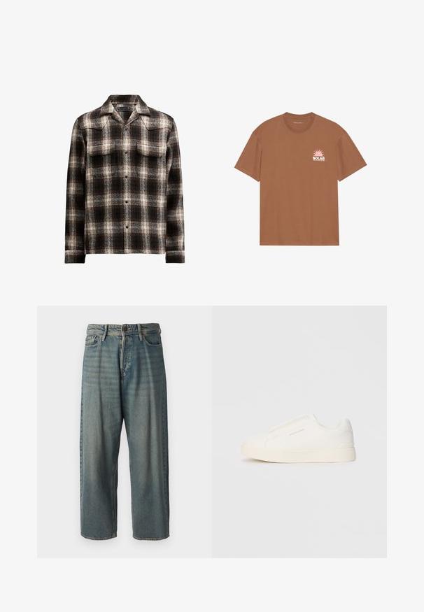 Svart og hvit rutete skjorte i en blanding av ull, med spiss krage og to brystlommer, samt knapplukking foran.; Brun kortermet T-skjorte laget av bomull, med et rosa solgrafikk og "SOLAR" tekst på venstre bryst. Rund halsdesign.; Lyseblå denimjeans med løs passform, midjehøyde og rette ben. Har fem lommer, beltehemper og knappelukking.; Hvite slip-on joggesko med teksturert overflate, tykk såle og minimalistisk design. Har merkevarelogo på siden.