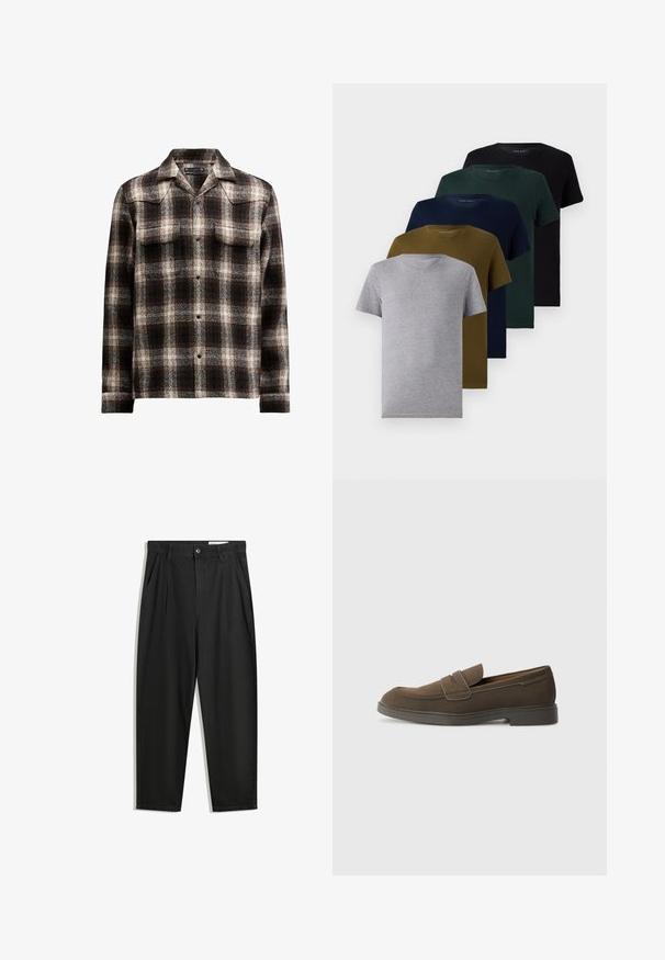 Camicia a quadri bianca e nera in un misto lana, con colletto a punta e due tasche sul petto, con chiusura a bottoni sulla parte anteriore.; Cinque t-shirt girocollo in grigio, verde oliva, blu scuro, verde scuro e nero. Maniche corte, colori solidi e texture del tessuto liscia.; Pantaloni in cotone neri con una vestibilità rilassata, dotati di una vita classica, pieghe frontali e tasche laterali. Tessuto liscio senza fantasie.; Mocassino in suede marrone con punta arrotondata, una fascia sulla parte superiore e suola in gomma piatta. Design semplice con linee pulite e dettagli minimi.