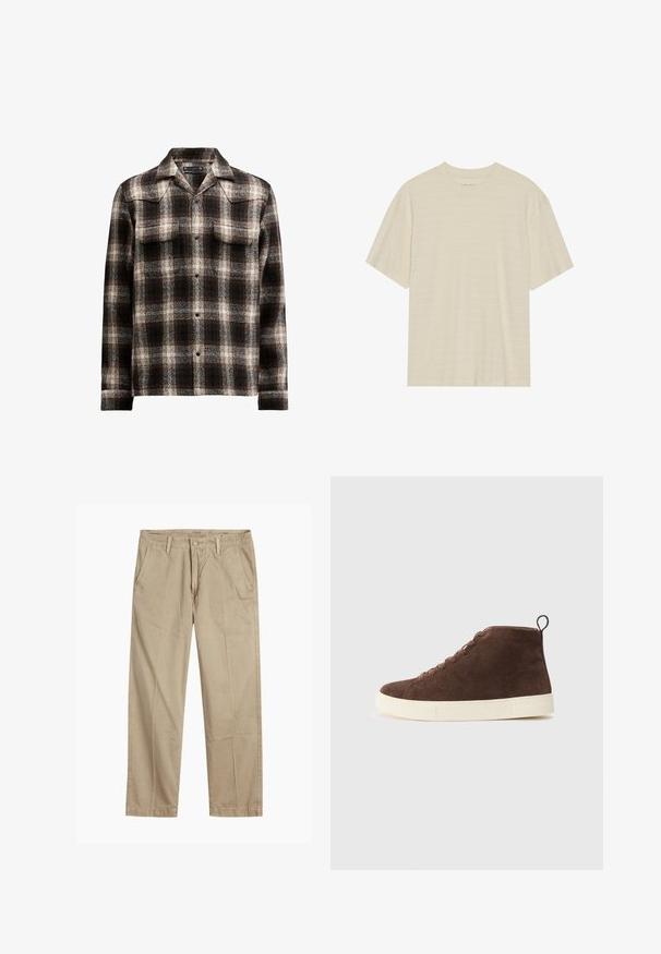 Camicia a quadri bianca e nera in un misto lana, con colletto a punta e due tasche sul petto, con chiusura a bottoni sulla parte anteriore.; T-shirt a maniche corte di colore crema con una delicata trama a righe e scollo rotondo, realizzato in tessuto leggero.; Chinos beige a gamba dritta con passanti per cintura, chiusura frontale a bottone e zip, e tasche laterali inclinati.; Sneakers alla caviglia in suede marrone con suola in gomma bianca, caratterizzati da una punta rotonda, design con lacci e un linguetta sul retro.