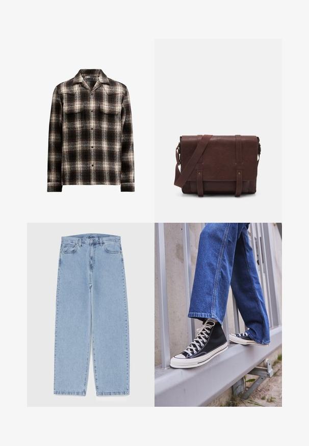 Schwarz-weißer Karomuster-Hemd aus einem Wollgemisch, mit einem spitzen Kragen und zwei Brusttaschen, die mit Knöpfen entlang der Vorderseite geschlossen werden.; Weißes Baumwoll-Trägershirt mit Rundhalsausschnitt, breiten Trägern und geradem Saum, das eine glatte Textur aufweist und keine sichtbaren Muster hat.; Hellblaue Jeans aus Denim mit geradem Bein, ausgestattet mit einer mittelhohen Taille, fünf Taschen sowie einem Knopf- und Reißverschluss.; Schwarze High-Top-Sneaker mit weißer Sohle und Schnürsenkeln, kombiniert mit lockeren blauen Jeans, die auf einem grauen Geländer ruhen.; Braune Leder-Umhängetasche mit einer flachen Vorderklappe, zwei Riemen, goldenen Hardware-Akzenten und einem verstellbaren Schultergurt.; Silberner Edelstahl-Armbanduhr mit rundem grünen Zifferblatt, silbernen Stundenindikatoren, Datumsanzeige und Metallgliederarmband. Wasserdicht bis 50 Meter.