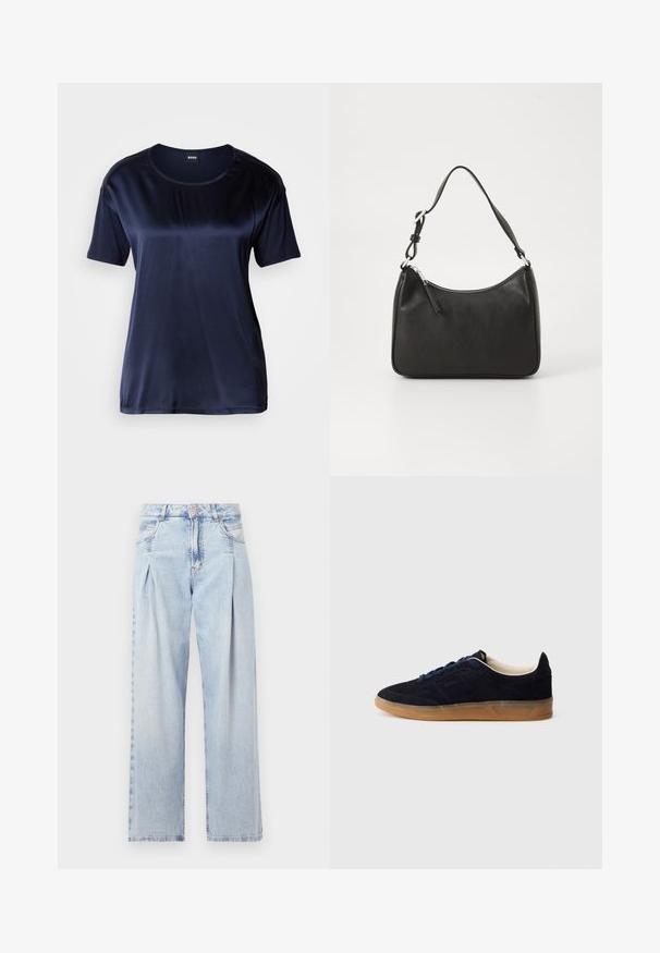 Mørkeblå kortermet t-skjorte laget av glatt stoff med rund hals og avslappet passform, med minimale sømdetaljer.; Lyseblå denimjeans med høy livlinje, vide ben, to sidelommer og plisserte detaljer. Myk tekstur med en falmet finish.; Navy blå semsket sneakers med såle av gummikaramell, blå lisser og minimalistisk design. Har preget logo på siden og glatt innerfôr.; Svart lærveske med en buet form, en enkelt stropp, glidelåslukking og subtil merkevarebygging på forsiden. Glatt tekstur, minimalistisk design.