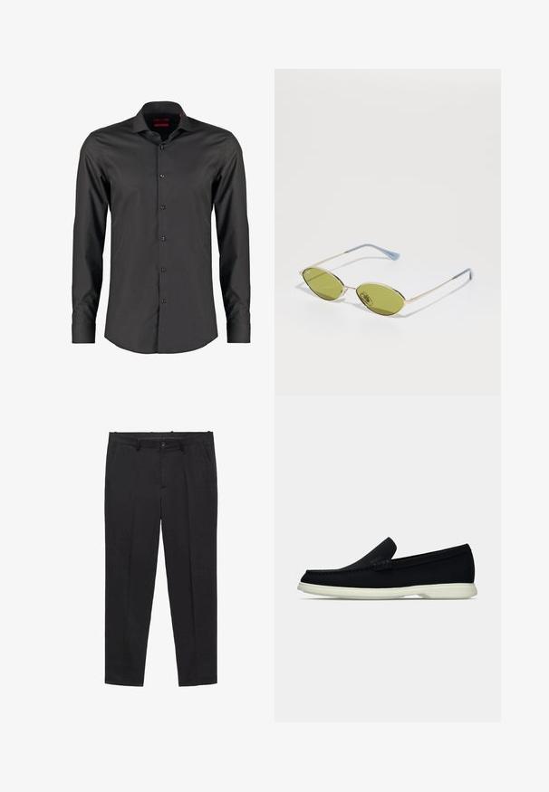 Czarna koszula z długim rękawem o dopasowanym kroju, wykonana z gładkiego materiału. Posiada wyraźny kołnierzyk i sześć guzików z przodu.; Czarne dopasowane spodnie wykonane z gładkiego materiału, z płaskim przodem, szlufkami na pasek i kieszeniami bocznymi. Prosty krój nogawek.; Czarny pantofel wsuwany z okrągłym noskiem, charakteryzujący się teksturowanym wierzchem, gładką białą podeszwą oraz subtelnym detalem z logo po boku.; Oliwkowe okulary przeciwsłoneczne z cienką złotą ramką i niebieskimi akcentami na zausznikach. Owalne soczewki i minimalistyczny design.