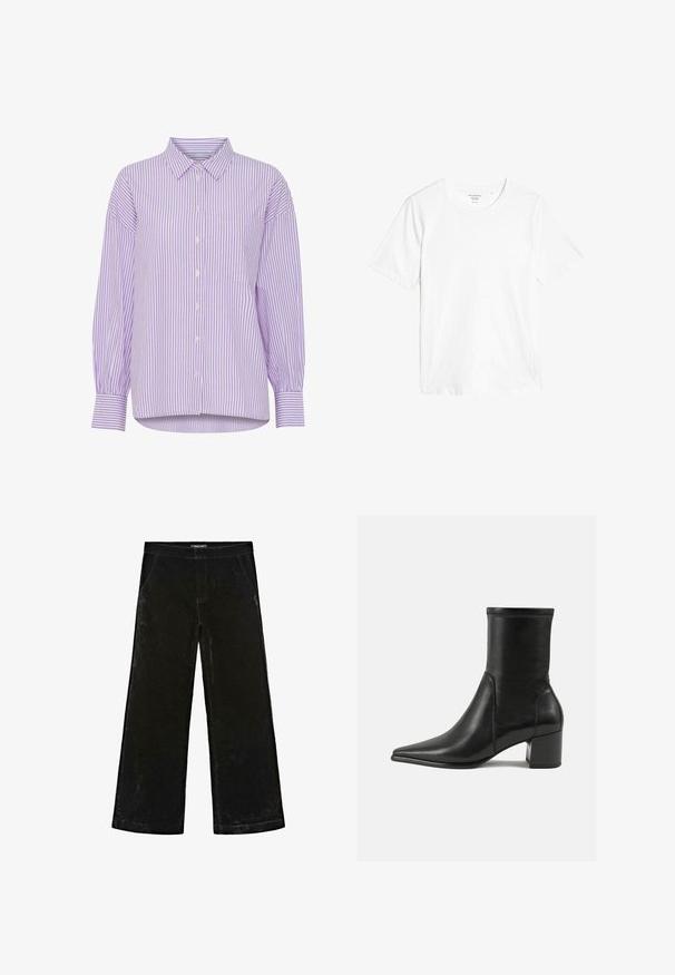 Lila- und weiß gestreiftes Langarmhemd mit Knopfverschluss und einer Brusttasche. Es hat einen klassischen Kragen und eine lässige Passform.; Weißes T-Shirt mit kurzen Ärmeln aus Baumwolle. Hat einen runden Halsausschnitt und eine normale Passform ohne sichtbare Muster oder Verzierungen.; Schwarze weit geschnittene Hosen aus weichem Samtstoff, mit einer mittelhohen Taille, zwei Seitentaschen und dezenten Nähten.; Schwarze Knöchelstiefel aus glattem Leder, mit spitzem Zehenbereich, einem Blockabsatz und markanten, raised stitching am oberen Rand.