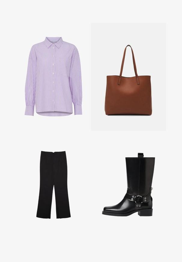 Dug nadjevani dugih rukava suzane prugaste ljubičaste i bijele boje s prednjim dugmadi i jednim džepom na prsima. Ima klasičan ovratnik i opušteni kroj.; Crne hlače ravnog kroja, s prednjim džepovima i bočnim prorezima na rubu. Izrađene od mekog i glatkog materijala. Pogodne za razne prigode.; Crne kožne čizmice do koljena s šiljastim prstima, sličnim srebrnim kopčama i debelim potplatima. Imaju rupicu za lakše oblačenje.; Smeđa kožna torba preko ramena s glatkom teksturom, otvorenim vrhom i dvjema naramenicama. Ima minimalne šavove i nema vidljivog hardvera.