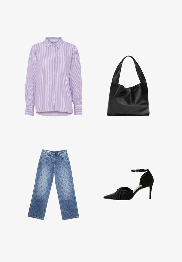 Lilla og hvid stribet langærmet skjorte med knaplukning foran og en enkelt brystlomme. Har en klassisk krave og en afslappet pasform.; Bredde denimjeans i lyseblå med et quilted diamantmønster, der har fem lommer og en knaplukning i livet.; Sorte ruskind højhælede sko med spids tå, knudedetalje foran og ankelrem. Har en slank stilettohæls og et elegant design.; Sort læder tote bag med et blødt, slattent design, brede håndtag og en glat tekstur. Ingen synlig hardware eller udsmykninger.