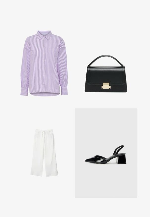 Lilla og hvid stribet langærmet skjorte med knaplukning foran og en enkelt brystlomme. Har en klassisk krave og en afslappet pasform.; Hvide bukser med vidde lavet af blødt stof, med bindebånd i taljen og to forlommer. Glat tekstur og uden synlige mønstre.; Sorte patentlæder slingback hæle med spids tå og en geometrisk blok hæl. Har et elegant, minimalistisk design og en glat tekstur.; Sort læderhandtaske med et struktureret design, topbærerhåndtag og en detalje i guldfarvet metalklap på fronten. Glat tekstur, minimal syning.