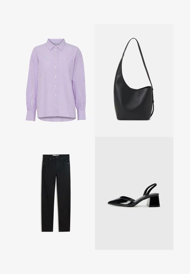 Langanat punasäde ja valge triibuline pikkade varrukatega särk, millel on nööbid ees ja üks rinna-tasku. Omab klassikalist kraed ja mugavat lõike.; Mustat farkut suoralla lahkeella, viisi taskua, metallinapit kiinnityksessä ja hienovaraisia ompeluyksityiskohtia. Sileä pinta.; Mustat patentoitu nahkakengät, joissa on säären takaosa ja terävä kärki, sekä geometrinen palikkakorko. Sisältää tyylikkään, minimalistisen muotoilun ja sileän pinnan.; Musta nahkainen hobo-laukku, jossa on sileä pinta, kaareva muoto ja yksi säädettävä olkahihna; sisäänkäynti on leveä ylhäältä.