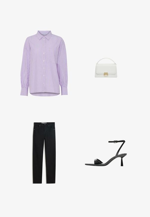 Camicia a maniche lunghe a righe viola e bianche con bottoni frontali e una tasca sul petto. Presenta un colletto classico e una vestibilità comoda.; Pantaloni in denim nero con design a gamba dritta, cinque tasche, chiusura con bottone metallico e dettagli di cucitura sottili. Texture liscia.; Bershka Sandali con tacco - black; Borsa a tracolla bianca in pelle con design strutturato, dotata di manico superiore e chiusura in metallo dorato. Texture liscia e accenti minimalisti.