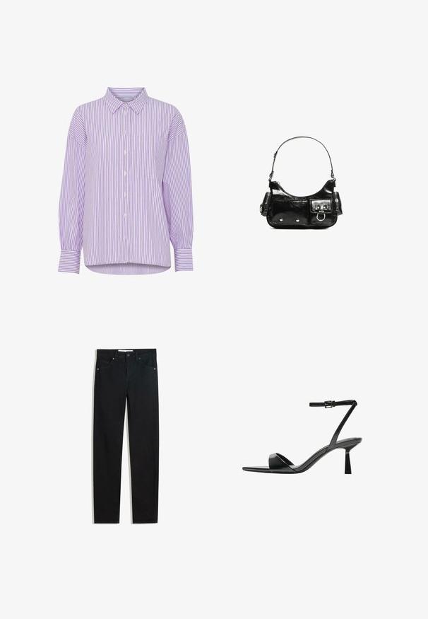 Lilla og hvid stribet langærmet skjorte med knaplukning foran og en enkelt brystlomme. Har en klassisk krave og en afslappet pasform.; Sorte denimbukser med lige ben, fem lommer, metalknaplukning og diskrete syningsdetaljer. Glat tekstur.; Bershka Højhælede sandaletter / Højhælede sandaler - black; Sort patenteret læder håndtaske med en buet form, en skulderrem, frontlommer og hardware accenter i sølvfarve.