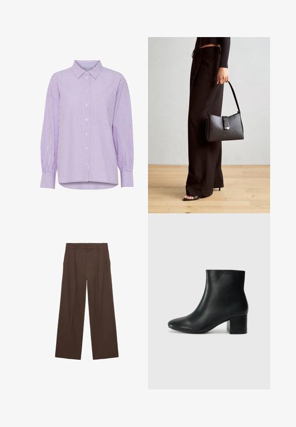 Fialová a biela pruhovaná košeľa s dlhým rukávom, s predným zapínaním na gombíky a jednou náprsníkovou vreckom. Má klasický golier a uvoľnený strih.; Hnedé široké nohavice vyrobené z hladkej látky, s vysokým pásom, prednými záhybmi a dvoma bočnými vreckami.; Čierne kožené členkové čižmy s špicatou špičkou a hrubým podpätkom. Hladká textúra s minimálnymi akcentmi a elegantným, priliehavým dizajnom.; Čierna kabelka so štruktúrovaným tvarom, hladkou textúrou a kovovou sponou. V kombinácii so širokými čiernymi nohavicami a sandálmi s otvorenou špičkou na drevenej podlahe.