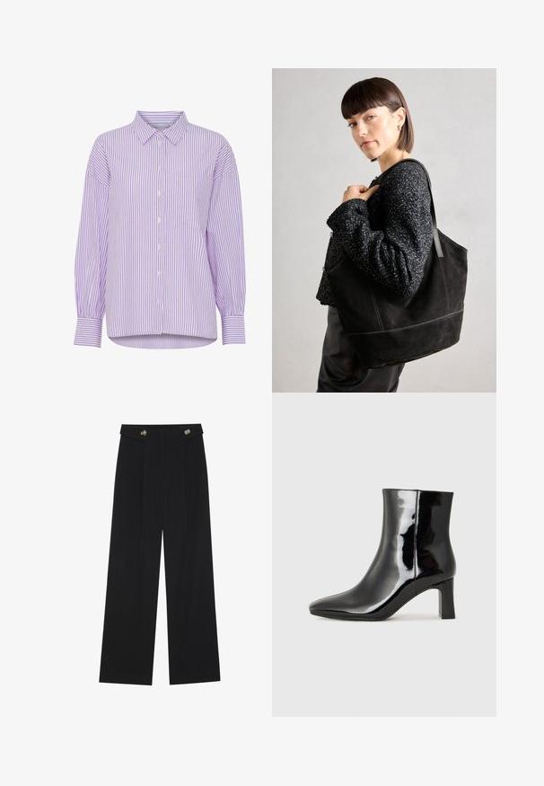 Violets un baltas svītrainas garām piedurknēm krekls ar pogu priekšpusi un vienu krūšu kabatu. Iespējo klasisko apkakli un brīvu piegriezumu.; Melnas platās bikses ar augstu jostasvietu, pogu detaļām uz jostas un priekšējām krokām.; Melnas patentētas ādas potīšu zābaki ar norādītu pirkstu un vidēja augstuma kvadrātveida papēdi. Gluda tekstūra un minimālisma dizains.; Melnas zamšādas somiņa ar gludu tekstūru, strukturētu formu un kontrastējošu šuvumu. Aprīkota ar garām siksnām pleca nēsāšanai.