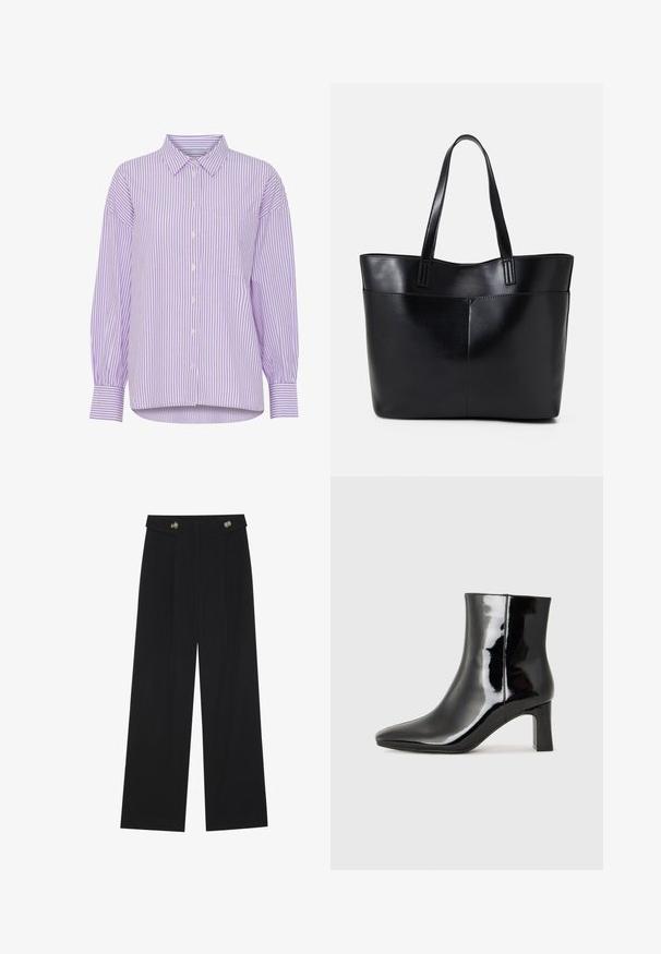 Camisa de manga larga a rayas moradas y blancas con botones en la parte frontal y un bolsillo en el pecho. Presenta un cuello clásico y un corte relajado.; Pantalones de pierna ancha negros con cintura alta, detalles de botones en la cinturilla y pliegues en la parte delantera.; Botín de charol negro con punta afilada y un tacón de bloque de altura media. Textura suave y diseño minimalista.; Bolso tote de cuero negro con dos asas largas, textura suave y forma estructurada. Cuenta con un bolsillo frontal para almacenamiento adicional.