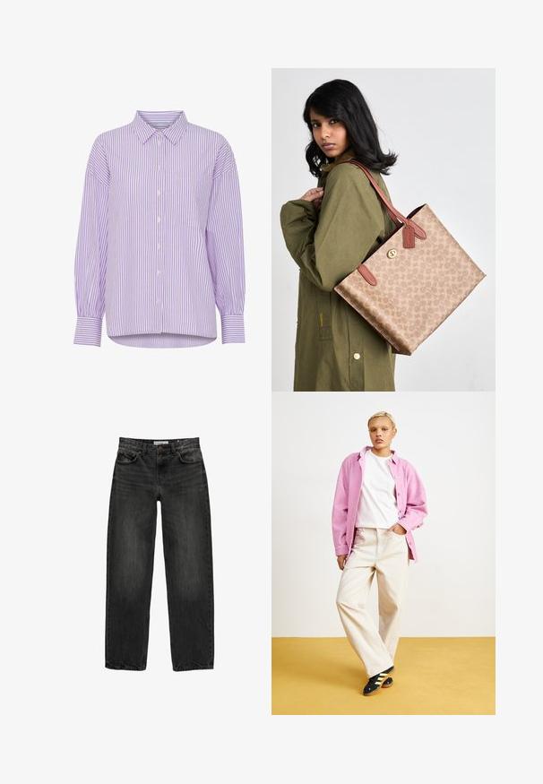 Lilla og hvid stribet langærmet skjorte med knaplukning foran og en enkelt brystlomme. Har en klassisk krave og en afslappet pasform.; Sort denim jeans med en afslappet pasform, lige ben, fem-lomme design og en let falmet tekstur. Knap- og lynlåslukning foran.; Lyserød fløjls skjorte over en hvid t-shirt, parret med beige brede bukser og sorte sko med gule striber. Sat mod en gul baggrund.; Brun mønstret tote bag med læderdetaljer og håndtag. Tasken har en lynlåslukning og bæres over en grøn jakke.