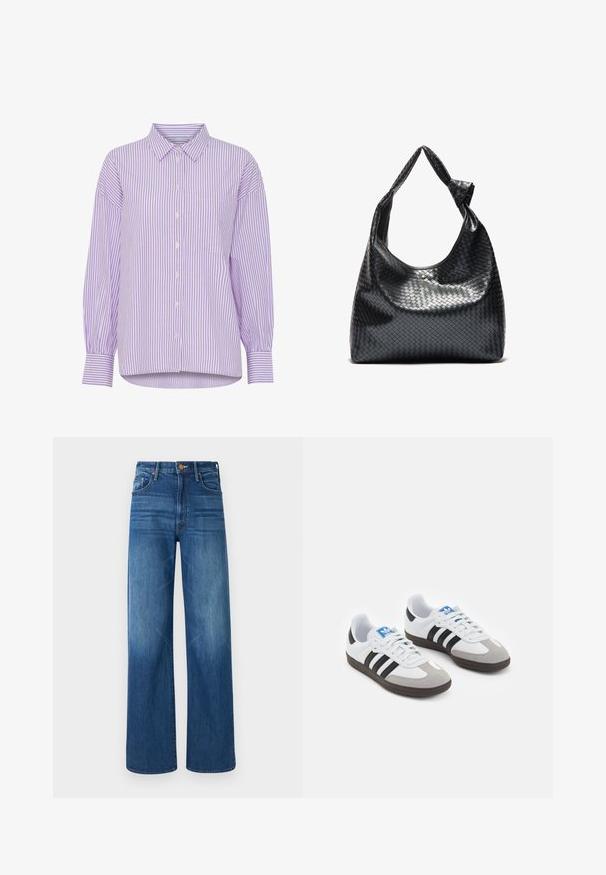 Lilla og hvid stribet langærmet skjorte med knaplukning foran og en enkelt brystlomme. Har en klassisk krave og en afslappet pasform.; Mother THE LASSO SNEAK - Jeans Relaxed Fit - dark blue denim; Sportsko med en overdel i hvid læder, grå ruskind på tåen og tre sorte striber. Har et blåt logo på tungen og en struktureret gummisål.; Sort vævet lædertaske med en afslappet design, der har et knyttet rem og en lille dekorativ guldstud foran.
