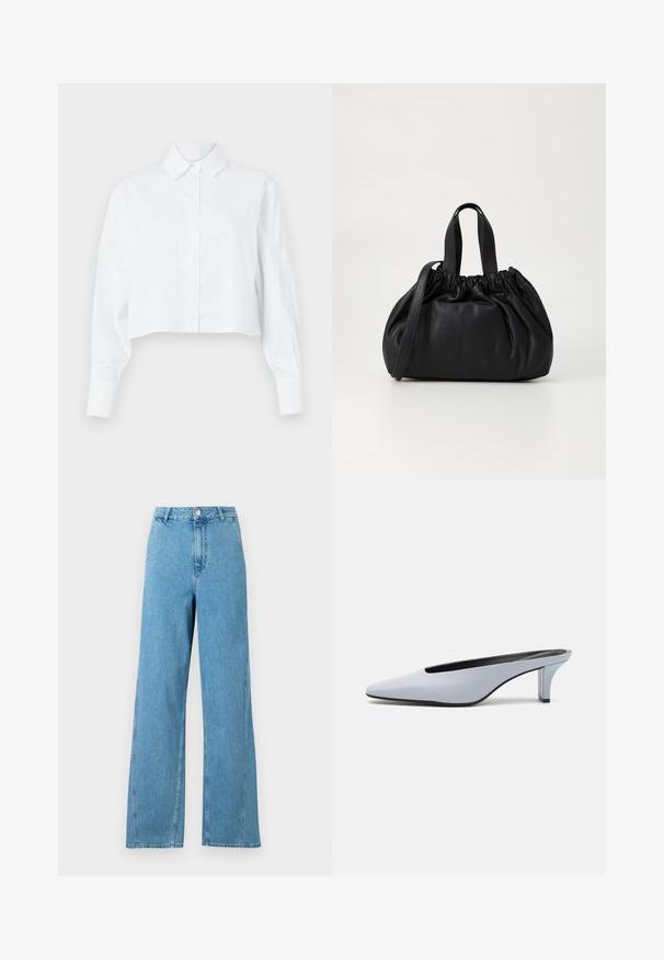 White cropped button-up shirt with long sleeves, a classic collar, and a smooth texture. Features front button closure and tailored fit.; Light blue wide-leg jeans featuring a high waist, five-pocket design, and metal button closure. Constructed from denim fabric with a smooth texture.; Light blue patent leather mule with a pointed toe, low transparent heel, and a sleek design featuring a cut-out at the vamp.; Black leather handbag with a gathered top design, featuring two short handles and a long adjustable strap. Smooth texture, rounded shape.