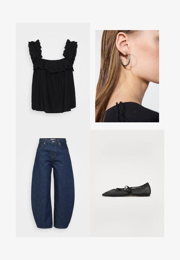 Svart ermeløs topp med volanger på skulderstroppene, løs passform og teksturert stoff med subtile lagdetaljer rundt halsen.; Mørkeblå denimjeans med vid, avslappet passform. Har glidelås, fire lommer og kontrastfarget søm langs sømmene.; Svart flat sko med spiss tå, mesh-overdel og lakk-lær detaljer. Har en tynn stropp med en sirkulær metall detalj.; Sølv ringøredob med en polert finish, med små gull detaljer og en rund form, båret på øreflippen.