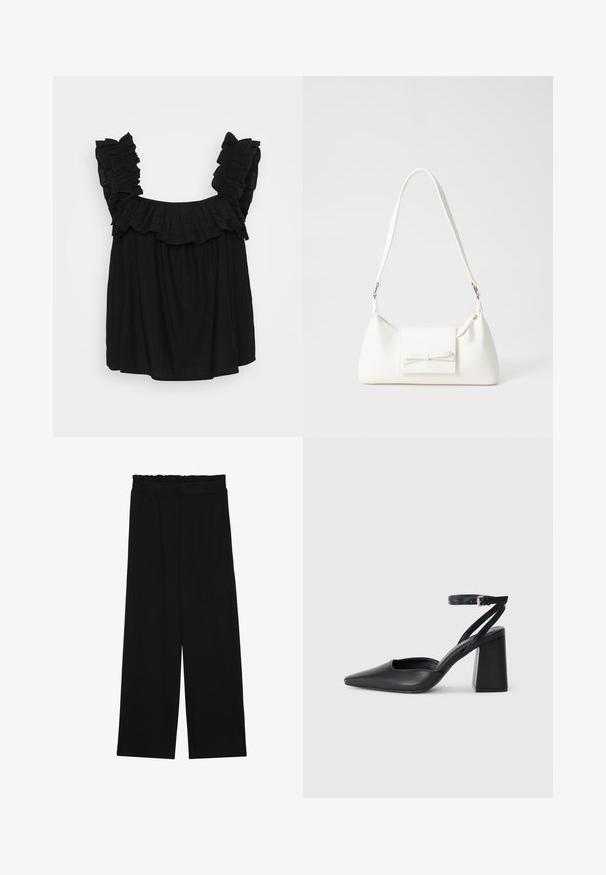 Črn top brez rokavov z nabranimi naramnicami, ohlapen kroj in teksturirana tkanina z subtilnimi plastmi okoli ovratnika.; Črne široke hlače s nabranim pasom, ki imajo dva stranska žepa in so izdelane iz gladkega, lahkega blaga. Brez vidnih vzorcev ali kovinskega okova.; Črne usnjene klasične čevlje z ostrim nosom, z zaponko za gleženj in debelim peto. Ravna tekstura, eleganten dizajn in minimalistična estetika.; Bela sintetična torbica v obliki trikotnika, z ravnim sprednjim poklopcem in detajlom mašne, nastavljivim trakom, gladko teksturo in minimalističnim dizajnom.