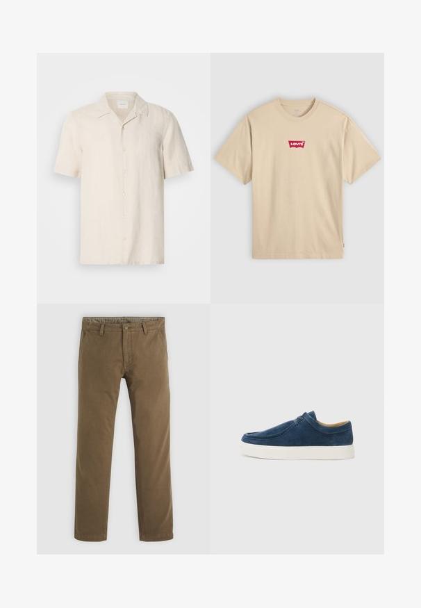 Férfi rövidujjú ing világos bézs vászonból, klasszikus gallérral, elöl gombokkal és apró hímzett logóval a mellkasán.; Beige színű pamut póló kerek nyakkivágással és rövid ujjakkal. A mellkasán piros Levi's logó található. Egyszerű, klasszikus fit.; Kakhiszínű pamut nadrág egyenes szárú szabással, gombos záródással, két elülső zsebbel és sima textúrával.; Sötétkék velúr slip-on cipők, fehér gumitalppal, varrással díszítve és lekerekített orr kialakítással. Az egész sima textúrájú.