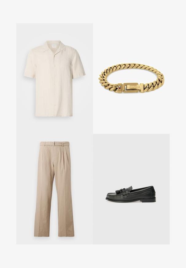 Meeste lühikeste käistega särk heledas beeži linases, omab klassikalist kraed, esipainutusi ja väikest tikandiga logo rinnal.; Beez, laia säärtega püksid, mis on valmistatud sujuvast puuvilla segust, esitavad eesplekid, õmmeldud vöökoht ja metallist kinnitusega vöö.; Mustad mustrans nahast loaferid, millel on ümmargune nina, dekoratiivsed tutid ja õmmeldud disain. Lame tald, mille külgedel on peen brändimine.; Kuldtooniline käevõru, millel on omavahel seotud lingid, esitades lukku "HILFIGER" logo ning punase ja sinise aktsendi. Sile, poleeritud viimistlus.