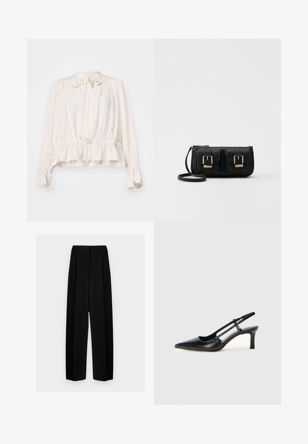 Cream blouse with a tie neck, gathered sleeves, and elasticated waist. Made from a smooth, lightweight fabric with a relaxed fit.; Black wide-leg trousers with a high waist, featuring pleats and a smooth texture. The fabric appears lightweight and drapes elegantly.; Black patent slingback heel with a pointed toe, featuring textured snake print, adjustable strap, and a short, textured block heel.; Black leather crossbody bag with two front pockets, gold buckles, zipper closure, and a slim strap. Textured surface and compact rectangular shape.