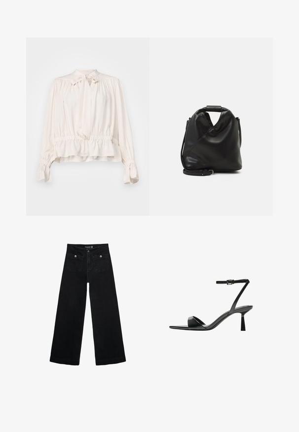Blouse crème avec un col à nouer, des manches froncées et une taille élastiquée. Fabriquée dans un tissu lisse et léger avec une coupe décontractée.; Jean's larges noires avec taille haute, dotés de deux poches avant et d'accents en métal sur les boutons. Le tissu a une texture lisse.; Bershka Sandales à talons hauts - black; Sac en cuir noir et doux avec un design torsadé unique. Doté d'une courte poignée et d'une bandoulière amovible. Style minimaliste.