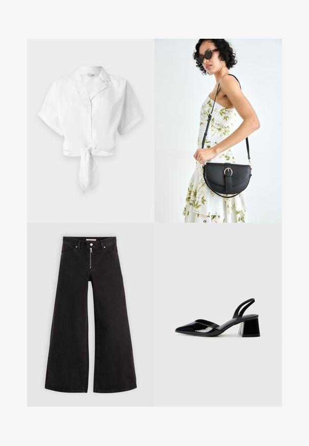 White cropped shirt with short sleeves and a collar, featuring a knot at the front and button closure down the center. Smooth fabric texture.; Wide-leg jeans in black denim with a zippered front, five-pocket design, and subtle stitching details. Smooth texture and casual style.; Black patent leather slingback heels with a pointed toe and a geometric block heel. Features a sleek, minimal design and smooth texture.; Black leather handbag with a curved shape, detachable strap, and gold hardware. The bag features a flap with a buckle detail.