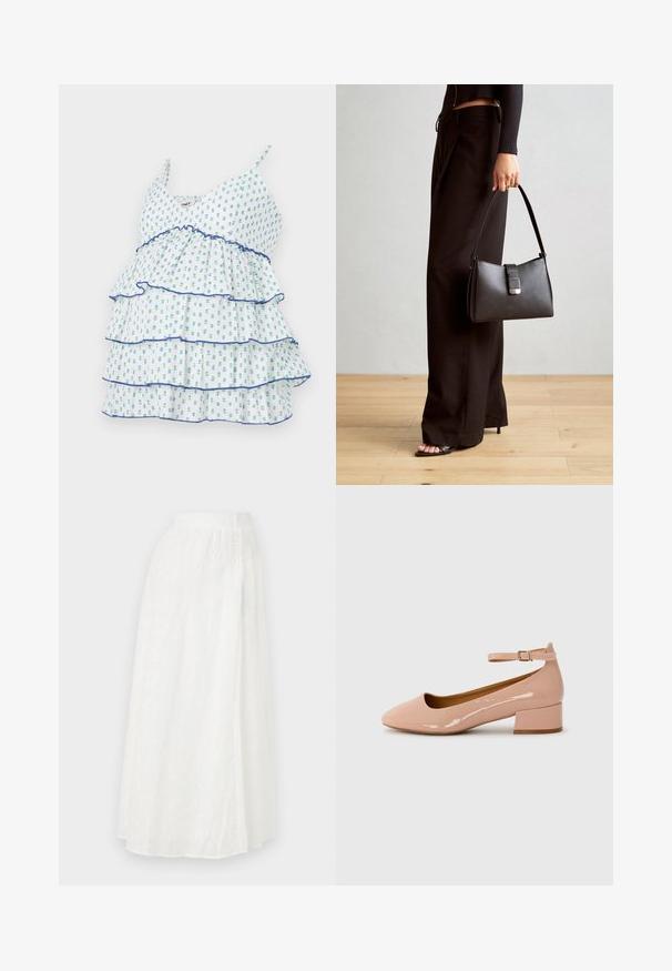White tiered top with blue floral print, ruffled edges, and thin adjustable straps. Lightweight fabric with a flowing design.; White maxi skirt with an elastic waistband, featuring a textured floral pattern and lace-like cutouts throughout the fabric.; Patent leather pink flat shoe with a rounded toe, ankle strap, and a low block heel. Smooth texture and minimalist design.; Black handbag with structured shape, smooth texture, and a metallic clasp. Paired with wide black pants and open-toe sandals on wooden floor.