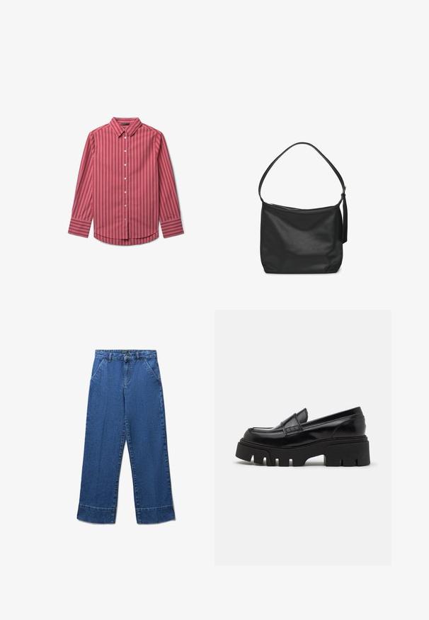 Camicia a maniche lunghe a righe rosse con colletto classico, pattina dei bottoni e sottili strisce bianche su un tessuto liscio.; Pantaloni in denim a gamba larga di colore blu medio. Presentano una vita alta, tasche frontali e un orlo leggermente sfilacciato. Design classico a 5 tasche.; Mocassini in pelle nera con suola piatta spessa e texturizzata e una fascia decorativa sulla parte superiore. Finitura liscia e lucida.; Borsa a spalla in pelle nera con una texture liscia, corpo largo, tracolla sottile e chiusura a zip nella parte superiore.