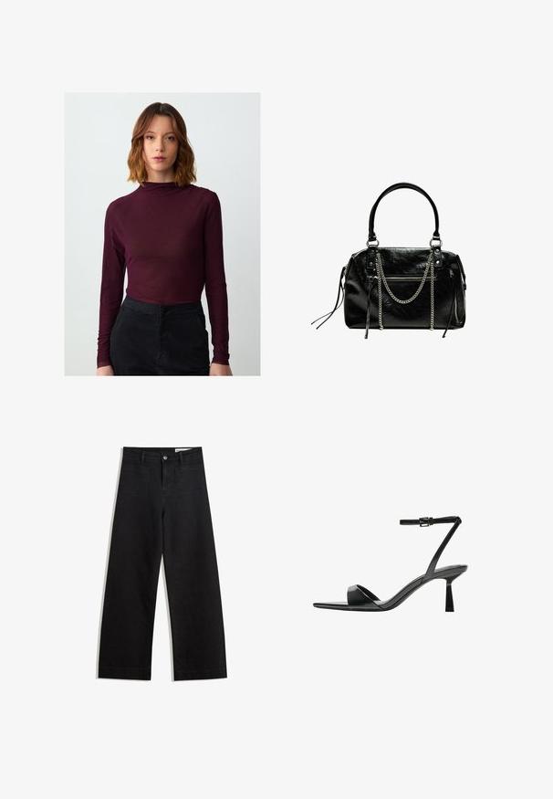 Bordeauxfarbener Langarmoberteil mit Stehkragen, weichem Textur und figurbetontem Design, kombiniert mit schwarzen hochtaillierten Hosen.; Schwarze weit geschnittene Jeans mit hoher Taille, ausgestattet mit Vorder- und Hintertaschen, gesteppten Nähten und einem Knopfverschluss. Glatte Textur.; Bershka High Heel Sandalette - black; Bershka WITH CHAIN - Handtasche - black