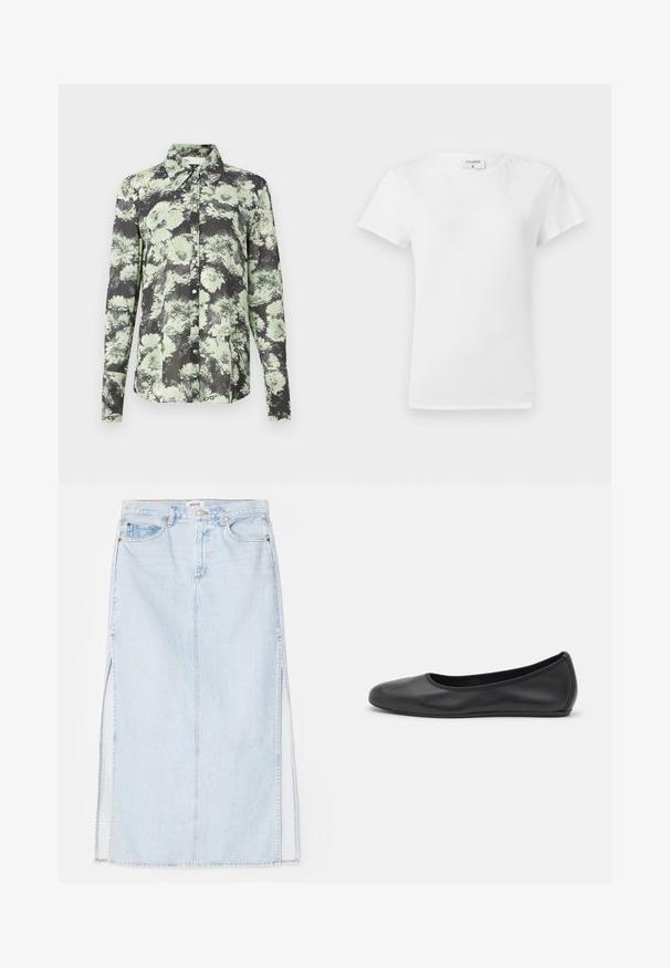 Gombos ing fekete és zöld virágmintával, galléros kialakítással, hosszú ujjakkal és texturált anyagból.; Fehér pamut póló kerek nyakkivágással és rövid ujjal, laza fazonban és minimalista dizájnnal. A címke látható a nyakán.; Világoskék farmer maxi szoknya egyenes szabással, oldalsó hasítékokkal és öt zsebes kialakítással. Kiemelkedő varrás és fém gombos zárás.; Fekete bőr balettcipő lekerekített orral, sima tekstúrával, minimális varrással és rugalmas talp kialakítással.