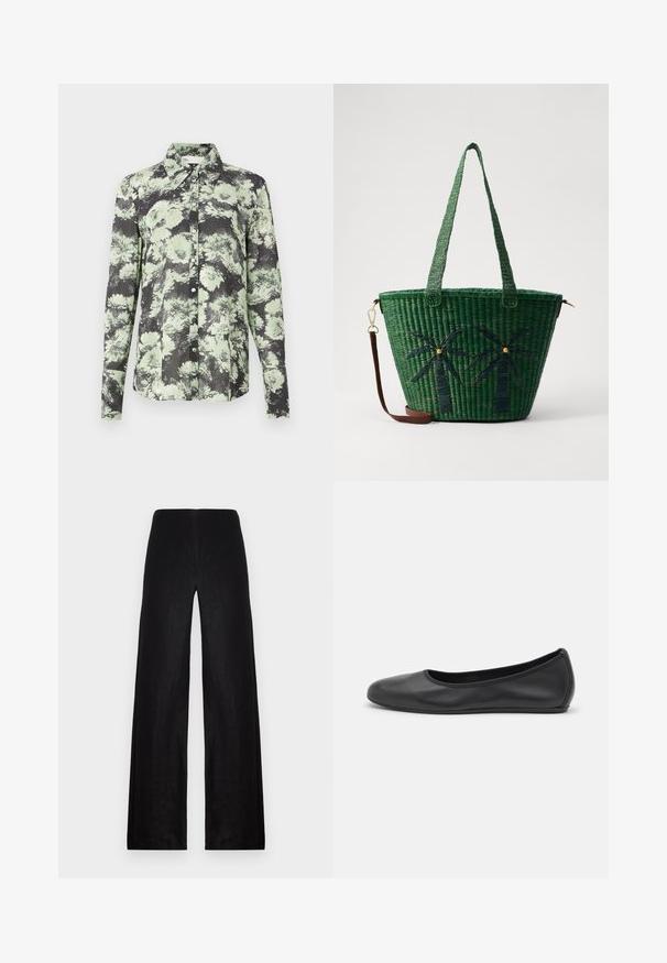 Srajca s gumbki z vzorcem črnih in zelenih cvetov, ovratnikom, dolgimi rokavi in teksturirano tkanino.; Črne široke hlače iz lahkega materiala. Imajo visok pas, gladko teksturo in čiste linije brez žepov ali okrasnih elementov.; Črne usnjene balerinke z zaobljenim nosom, gladko teksturo, minimalnimi šivi in fleksibilno zasnovo podplata.; Zelena tkana torba z vzorcem palm v temnejši zeleni; ima dve ročaji in snemljiv rjavi usnjeni pas.