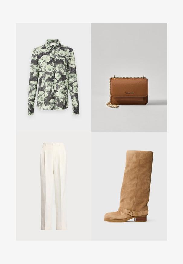 Overhemd met knopen in een zwart-groen bloemenpatroon, met een kraagontwerp, lange mouwen en een gestructureerde stof.; Polo Ralph Lauren HEMP WIDE LEG PANT - Broek - nevis; Tan suède laarzen tot halverwege het kalf met een lage, gestapelde hak, ronde neus en een verstelbare band met een gouden gesp rond de enkel.; Bruine lederen schoudertas met textuur, voorzien van een gouden kettingstrap en klepsluiting. De voorkant heeft een logo-detail en een zak onder de klep.