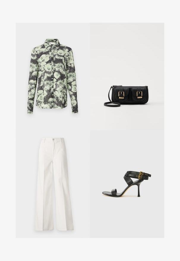 Camicia con bottoni caratterizzata da un motivo floreale nero e verde, design con colletto, maniche lunghe e un tessuto texturizzato.; Pantaloni bianchi a gamba larga realizzati in cotone con una texture liscia. Presentano un bottone anteriore, una zip e un design a quattro tasche.; Sandal nero con tacco a spillo, straps incrociati e fibbia regolabile. Presenta una texture liscia e un tacco affusolato.; Borsa a tracolla nera in pelle con due tasche frontali, fibbie dorate, chiusura con zip e una tracolla sottile. Superficie texturizzata e forma rettangolare compatta.