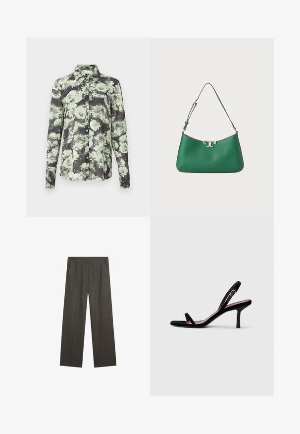 Knapplång skjorta med ett svart och grönt blommönster, kragdesign, långa ärmar och en texturerad tyg.; Mörkgrå, vida byxor gjorda av textil med struktur, med två sidofickor och en ren framvikt. Enkel, skräddarsydd design.; Svart mocka högklackad sandal för kvinnor med smala remmar och ett guldspänne på vit bakgrund, sidosyn.; Grön läderhandväska med en böjd form, silverdetaljer, texturerad yta och en justerbar axelrem.