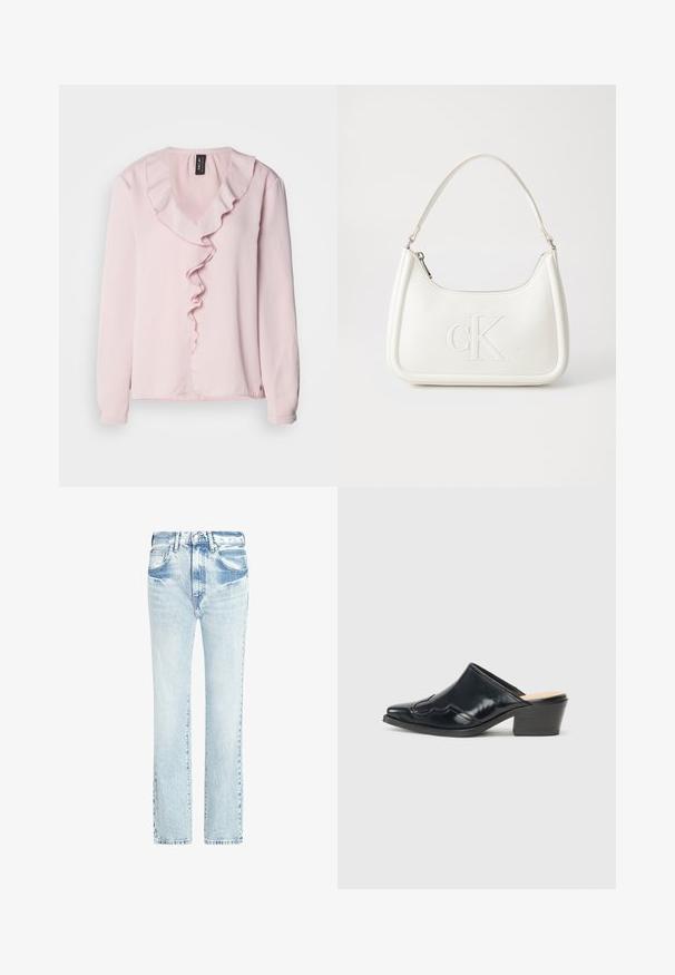Világos rózsaszín, hosszú ujjú blúz V-kivágással, amelynek elején dekoratív fodor található. Puhább anyag, laza szabás.; Világoskék farmernadrág egyenes lábakkal, öt zsebbel és elhalványult textúrával. Látható varrásokkal és klasszikus gombos záródással rendelkezik.; Fekete lakk bőr papucsok hegyes orral, ívelt kialakítással és alacsony blokk sarkú, díszített varrással a felsőrészen.; Fehér bőrtáska ívelt formájú, elöl feltűnő "CK" logóval, egyetlen vállpánttal. Cipzáras zárás a tetején.