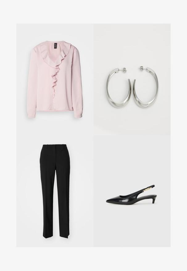 Blusa de manga longa rosa claro com decote em V, apresentando uma ruffle decorativa na frente. Tecido macio, corte casual.; Calças pretas de corte ajustado com um design de perna reta, apresentando uma textura lisa e pregas bem definidas na frente. Sem hardware visível.; Saltos slingback em couro preto com bico fino, apresentando um salto esguio e um detalhe em tom dourado na alça ajustável. Textura suave.; Pendentes de argola prateados com um design liso e curvado. Apresentam um acabamento metálico brilhante e fecho de pressão. Sem padrões ou detalhes visíveis.