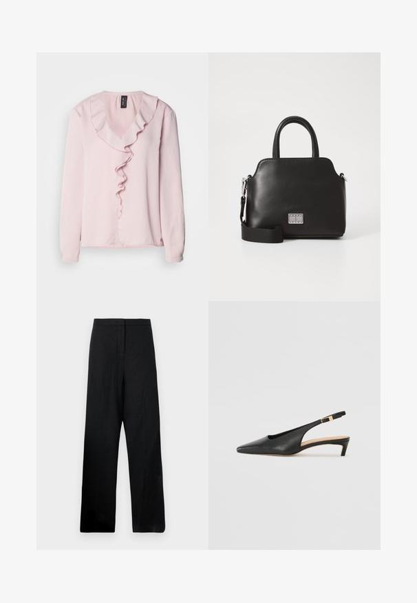 Světle růžová halenka s dlouhým rukávem a výstřihem do V, zdobená volánkem na přední straně. Měkká látka, volný střih.; Černé široké kalhoty vyrobené z lehké látky. Mají hladkou texturu, vysoký pas a minimální švy.; Černý kožený slingback s jehlovým podpatkem a špičatou špičkou, nízkým podpatkem a nastavitelným kotníkovým popruhem se zlatým přezkou. Hladký povrch.; Černá syntetická kabelka s horními uchy, odnímatelným ramenním popruhem, zaobleným tvarem, hladkým povrchem a stříbrným logem na přední straně.