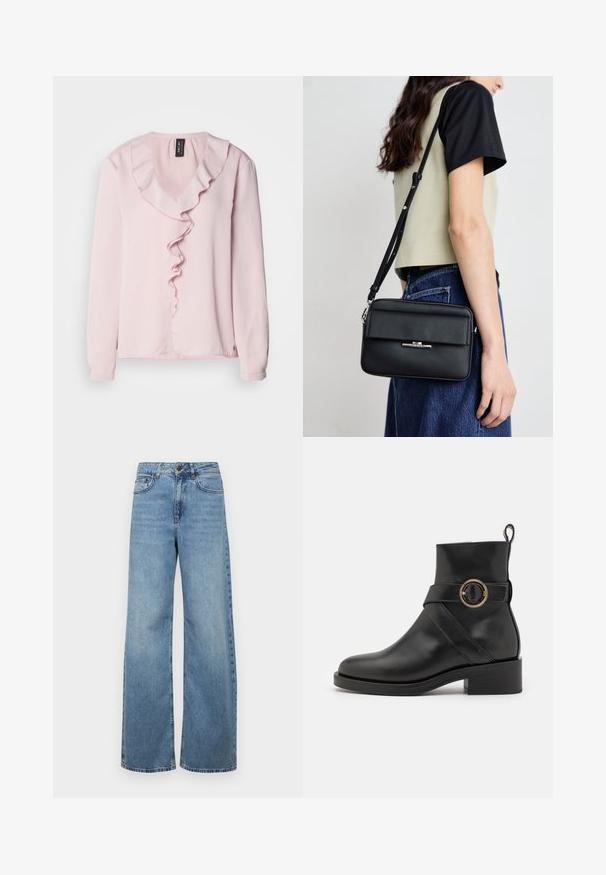 Helles rosa langärmliges Bluse mit V-Ausschnitt und einem dekorativen Rüschendetail an der Vorderseite. Weicher Stoff, lässige Passform.; Helle blaue weit geschnittene Jeans aus Denim, mit hoher Taille, frontalen Taschen und einem klassischen Fünf-Taschen-Design, mit subtilen Verblassungen.; BOSS IRYNA BOOTIE - Plateaustiefelette - black; Calvin Klein LINEAR CAMERA BAG - Umhängetasche - black