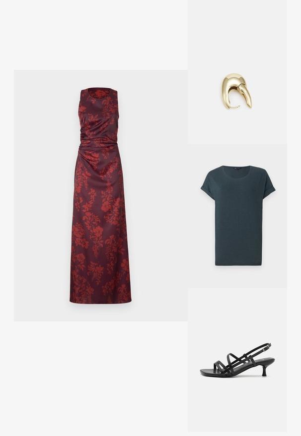 Dark gray short-sleeve t-shirt with a round neck, soft texture, and rolled sleeves, featuring a simple, unembellished design.; Sleeveless, floor-length dress in dark burgundy satin with red floral patterns. Features ruching at the waist and a round neckline.; Black heeled sandals with multiple crisscross straps. Smooth material, pointed toe, and narrow heel. Adjustable ankle strap with buckle.; Small cream handbag with a textured finish, a long adjustable strap, a chain accent, and a flap closure. Gold hardware detailing.; Gold-tone metal earring with a sleek, curved design. Features a distinctive pointed shape, polished surface, and hinge closure.