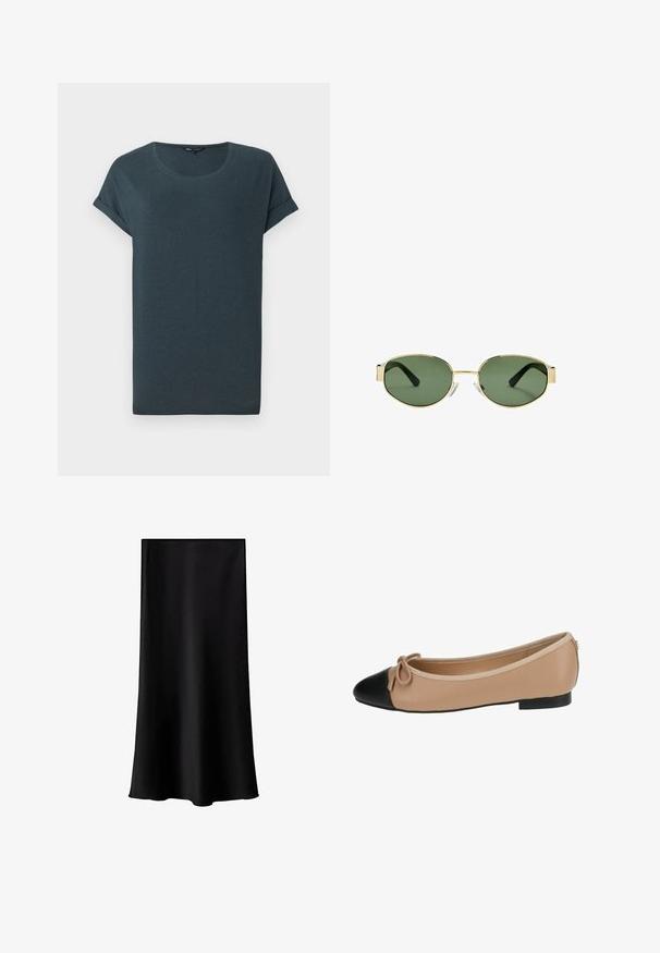 T-paita tummanharmaasta lyhythihaisesta kankaasta, pyöreällä kaula-aukolla, pehmeästä tekstuurista ja kierretyillä hihoilla, jossa on yksinkertainen, ilman koristeita oleva muotoilu.; Mustat midi hameet, jotka on valmistettu sileästä, kevyestä kankaasta. Ominaisuuksiin kuuluu suora leikkaus, ei näkyvää varustusta ja yksinkertainen, ilman kuvioita oleva muotoilu.; Beige nahka ballet-tossut, joissa on musta kärki. Ominaisuuksiin kuuluu edessä oleva nauhakulma ja sileä pinta. Matala profiili, jossa on kumipohja.; Kultaiset metallikehyksiset aurinkolasit, joissa on vihreät sävytetyt linssit, soikea muoto, mustat sankaluvat ja kirkkaat nenätyynyt. Siisti, minimalistinen muotoilu.