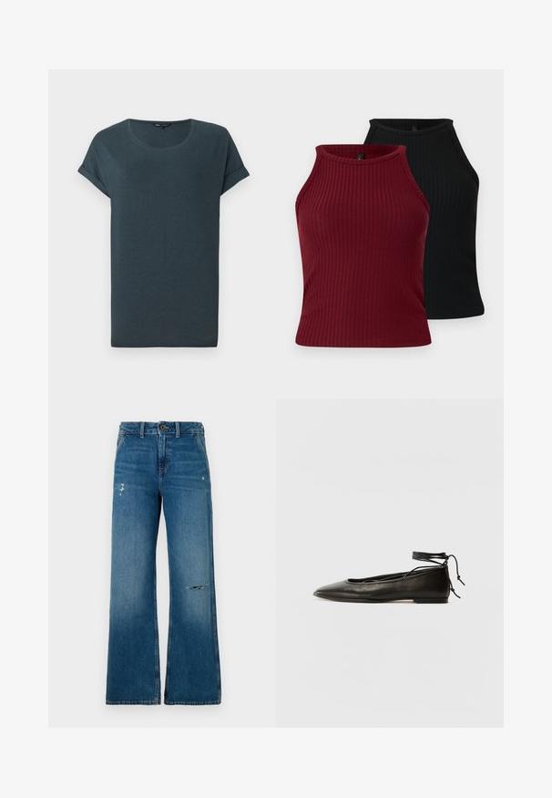 Tumši pelēks īsā piedurkne T-krekls ar apaļu kaklu, mīksta tekstūra un sarullētām piedurknēm, kuram ir vienkāršs, neizpušķots dizains.; Divas divi T-krekli: viens bordo un viens melns. Abi ir ar augstu kakla izgriezumu, pieguļošu formu un gludu tekstūru.; Zilas džinsu platās kājas bikses ar padziļinātu tekstūru, kurām ir divas nolietotas vietas priekšpusē, pogu aizdare un piecu kabatu dizains.; Melnas ādas baleta kurpes ar smailu purngalu, potītes saitēm un plakanu zoli, kas izceļas ar gludu tekstūru un minimālistisku dizainu.