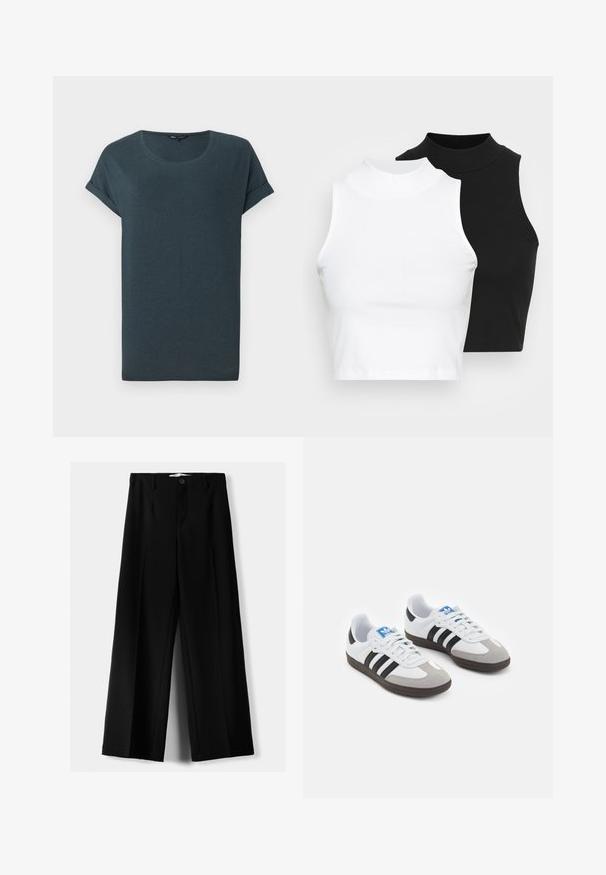 Donkergrijze t-shirt met korte mouwen, een ronde hals, zachte textuur en opgerolde mouwen, met een eenvoudig, onversierd ontwerp.; Twee mouwloze ribgebreide coltruien in zwart en wit, met een slim fit ontwerp en een gladde textuur, met een cropped lengte.; Zwarte wijde broek van lichtgewicht stof, met een knoopsluiting aan de voorkant en een vlakke achterkant, afgewerkt met keurig gestikte zoom.; Sportschoenen met een witte leren bovenkant, grijze suède neus en drie zwarte strepen. Bevat een blauw logo op de tong en een gestructureerde rubberen zool.