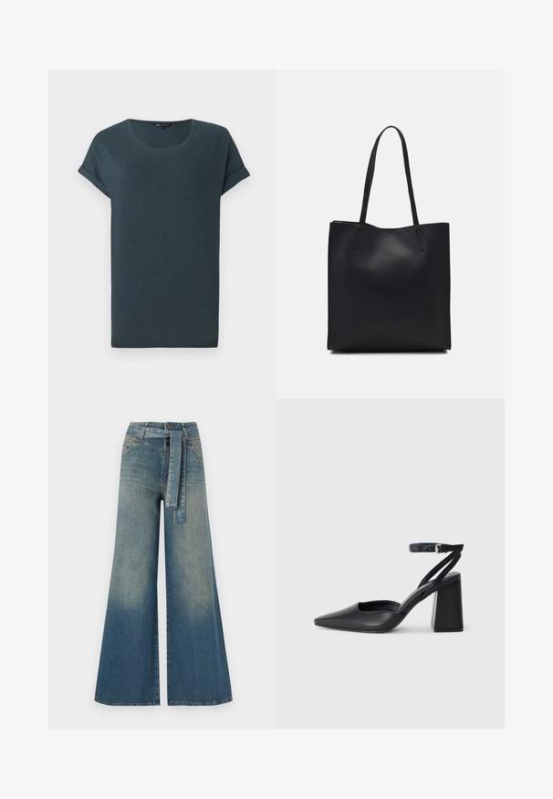 Tumehall lühikeste varrukate ja ümmarguse kaelusega T-särk, pehme tekstuuriga ja rullitud varrukatega, millel on lihtne ja ilma kaunistusteta disain.; Laiad denimpüksid, millel on hele tume sinine gradiendiefekt, kõrge vöökoht, vöökumlid ja sobivast kangast vöö. Struktureeritud denimi viimistlus.; Mustmustest must-käigukingad, millel on konksuga nöör ja paks konts. Ühtlane tekstuur, stiilne disain ja minimalistlik esteetika.; Mustast nahast kott sujuva tekstuuriga, ristkülikukujuline ja kahe pika sangaga. Pole nähtavat riistvara ega kaunistusi.